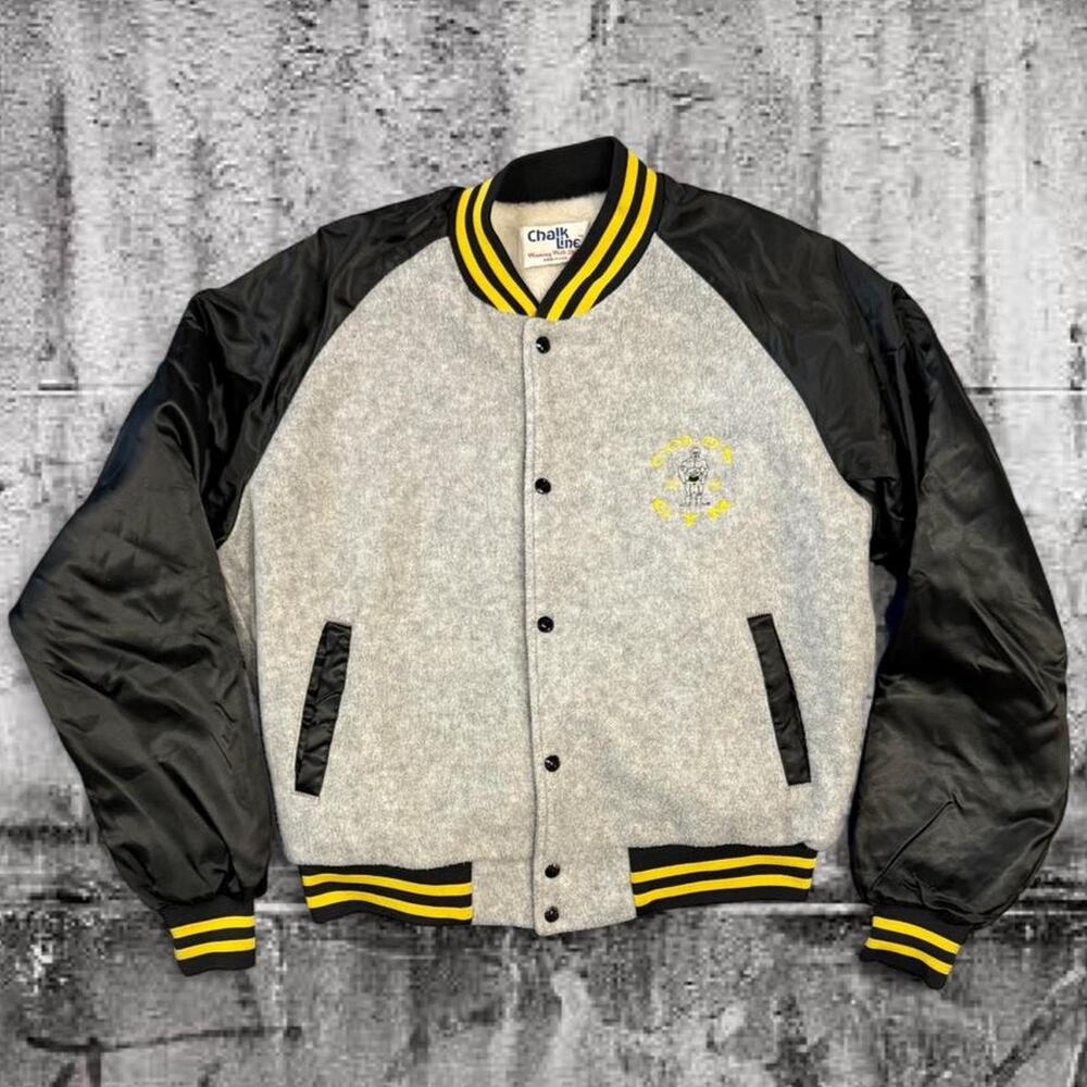 Vintage 1990s Gold’s Gym Chalk Line Wool Varsity Bomber Jacket USA XL